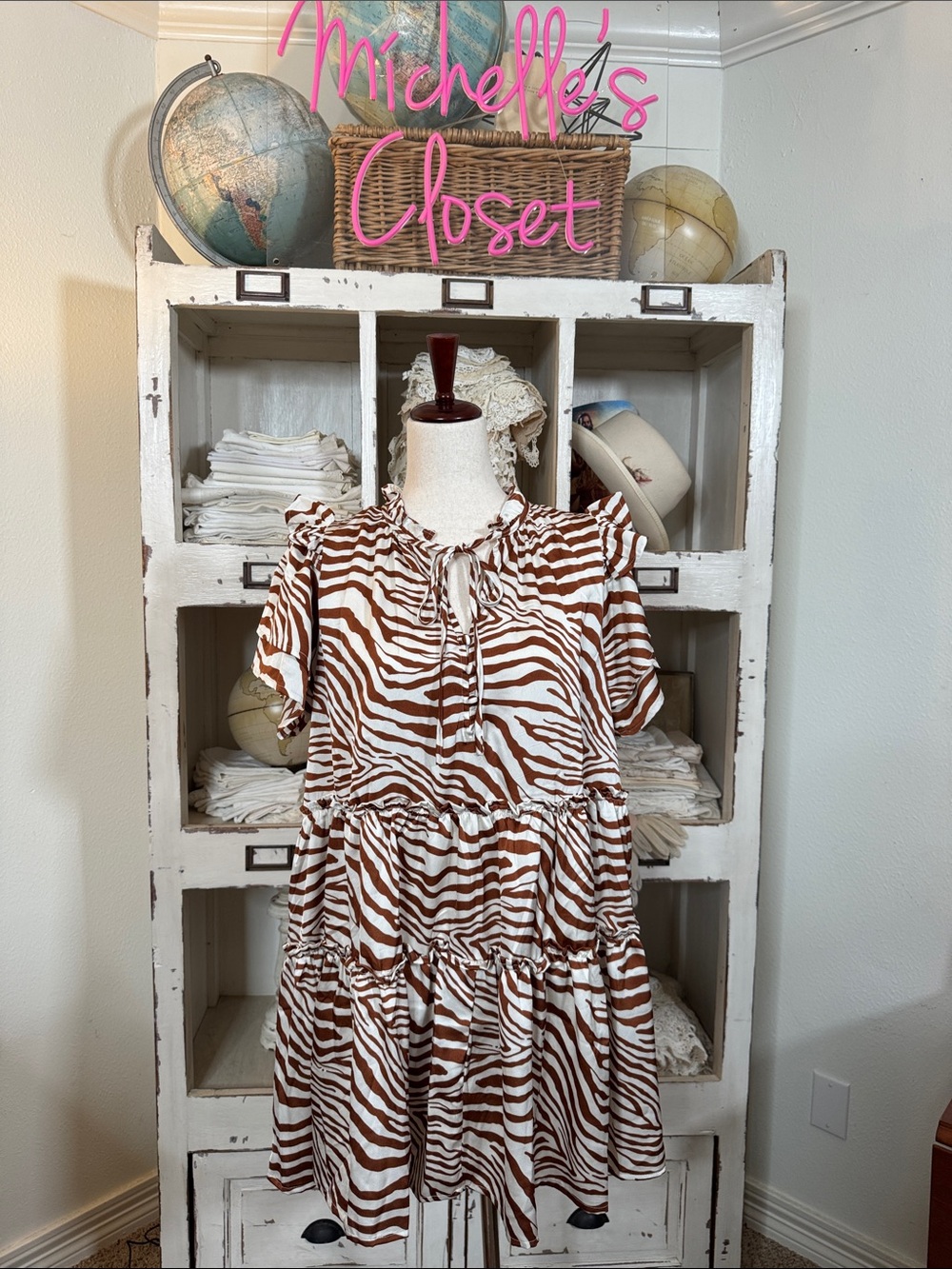 entro Brown and White Zebra-Print Tiered Girls Dress